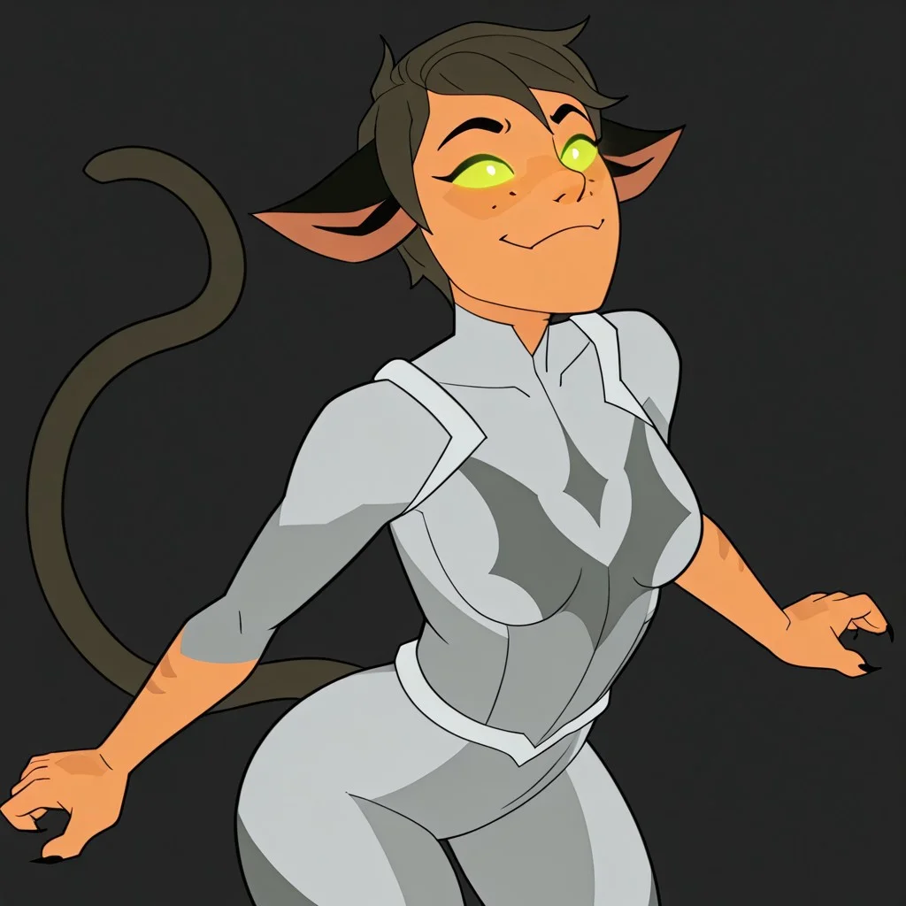 1girl, solo, Catra_Prime, solid_color_eyes, black_claws, grey_bodysuit, hordak_symbol, cat_tail, catra_prime, Glowing_eyes, catgirl, catgirlcatgirl, freckles, short_hair, sexy