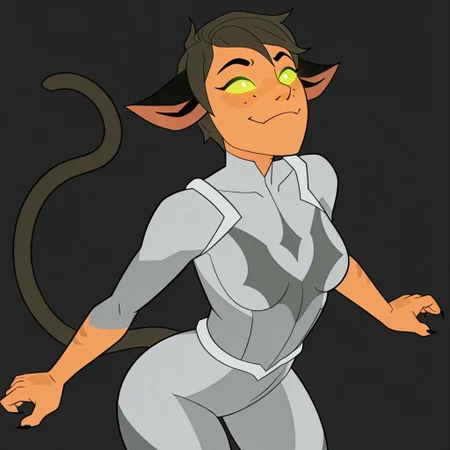 1girl, solo, Catra_Prime, solid_color_eyes, black_claws, grey_bodysuit, hordak_symbol, cat_tail, catra_prime, Glowing_eyes, catgirl, catgirlcatgirl, freckles, short_hair, sexy