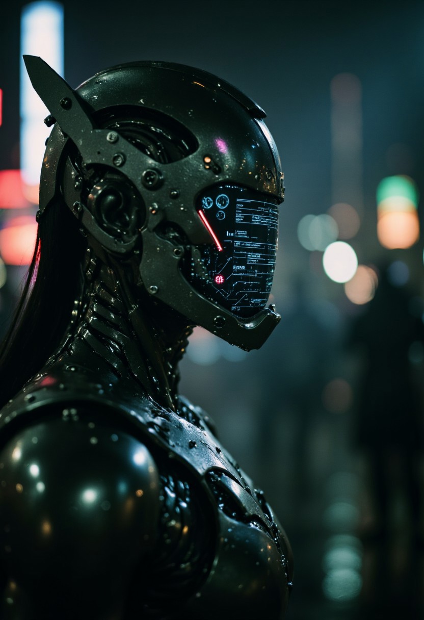 Animox, a closeup side-profile shot of a cyber-scout, a biomechanical warrior with a sleek, high-tech exoskeleton. Its body is encased in reinforced kevlar plating, offering a blend of protection and agility. The face is obscured by a translucent, glowing screen, displaying shifting digital data and information streams, giving the appearance of a constantly evolving, synthetic mind. The screen flickers with neon glows, casting sharp reflections on the surrounding environment. Pulsating biomechanical tubes run along its sleek form, connected to its organic-mechanical fusion. The armor is an intricate mix of matte black kevlar and polished chrome, enhanced with glowing accents that pulse rhythmically. Piercing, biometric eyes flicker behind the screen, hinting at a sharp intellect and calculating nature. Its posture is alert and poised, prepared for action, a silent yet dangerous presence in the shadows. The background is drenched in a moody, atmospheric haze, with dynamic, high-contrast lighting illuminating the cyber-scout from the side. Soft shadows and glowing highlights dance across the armor, adding to the surreal tension. Volumetric lighting cuts through the scene like a blade, emphasizing the scout’s deadly focus. The color palette is dark, with sharp metallic silvers, deep blacks, and hints of neon green and blue reflecting off the screen. Cinematic film grain, hyperrealistic textures, and ultra-sharp details create a high-tech, dystopian ambiance, while motion blur trails behind the scout, adding energy and momentum. This cyber-scout feels like a blend of futuristic intelligence and cold precision, a perfect fusion of man and machine, prepared for its next mission in a dangerous, dystopian world.