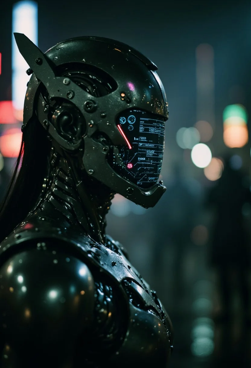 Animox, a closeup side-profile shot of a cyber-scout, a biomechanical warrior with a sleek, high-tech exoskeleton. Its body is encased in reinforced kevlar plating, offering a blend of protection and agility. The face is obscured by a translucent, glowing screen, displaying shifting digital data and information streams, giving the appearance of a constantly evolving, synthetic mind. The screen flickers with neon glows, casting sharp reflections on the surrounding environment. Pulsating biomechanical tubes run along its sleek form, connected to its organic-mechanical fusion. The armor is an intricate mix of matte black kevlar and polished chrome, enhanced with glowing accents that pulse rhythmically. Piercing, biometric eyes flicker behind the screen, hinting at a sharp intellect and calculating nature. Its posture is alert and poised, prepared for action, a silent yet dangerous presence in the shadows. The background is drenched in a moody, atmospheric haze, with dynamic, high-contrast lighting illuminating the cyber-scout from the side. Soft shadows and glowing highlights dance across the armor, adding to the surreal tension. Volumetric lighting cuts through the scene like a blade, emphasizing the scout’s deadly focus. The color palette is dark, with sharp metallic silvers, deep blacks, and hints of neon green and blue reflecting off the screen. Cinematic film grain, hyperrealistic textures, and ultra-sharp details create a high-tech, dystopian ambiance, while motion blur trails behind the scout, adding energy and momentum. This cyber-scout feels like a blend of futuristic intelligence and cold precision, a perfect fusion of man and machine, prepared for its next mission in a dangerous, dystopian world.