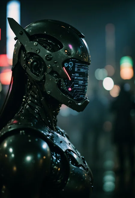 Animox, a closeup side-profile shot of a cyber-scout, a biomechanical warrior with a sleek, high-tech exoskeleton. Its body is encased in reinforced kevlar plating, offering a blend of protection and agility. The face is obscured by a translucent, glowing screen, displaying shifting digital data and information streams, giving the appearance of a constantly evolving, synthetic mind. The screen flickers with neon glows, casting sharp reflections on the surrounding environment. Pulsating biomechanical tubes run along its sleek form, connected to its organic-mechanical fusion. The armor is an intricate mix of matte black kevlar and polished chrome, enhanced with glowing accents that pulse rhythmically. Piercing, biometric eyes flicker behind the screen, hinting at a sharp intellect and calculating nature. Its posture is alert and poised, prepared for action, a silent yet dangerous presence in the shadows. The background is drenched in a moody, atmospheric haze, with dynamic, high-contrast lighting illuminating the cyber-scout from the side. Soft shadows and glowing highlights dance across the armor, adding to the surreal tension. Volumetric lighting cuts through the scene like a blade, emphasizing the scout’s deadly focus. The color palette is dark, with sharp metallic silvers, deep blacks, and hints of neon green and blue reflecting off the screen. Cinematic film grain, hyperrealistic textures, and ultra-sharp details create a high-tech, dystopian ambiance, while motion blur trails behind the scout, adding energy and momentum. This cyber-scout feels like a blend of futuristic intelligence and cold precision, a perfect fusion of man and machine, prepared for its next mission in a dangerous, dystopian world.
