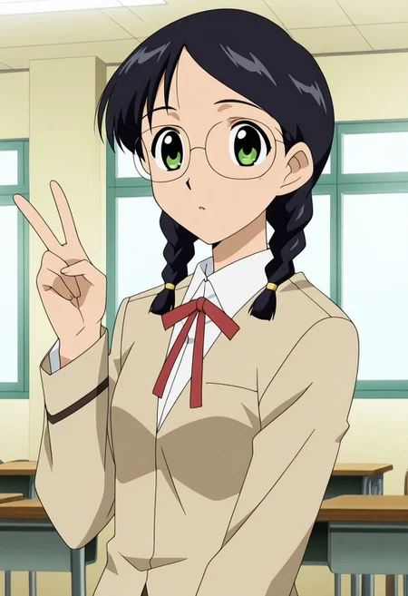 1girl, source anime, anime screencap,Yuukianime, black hair, glasses,, twin braids, green eyes, peace sign, school uniform, indoors, upper body
