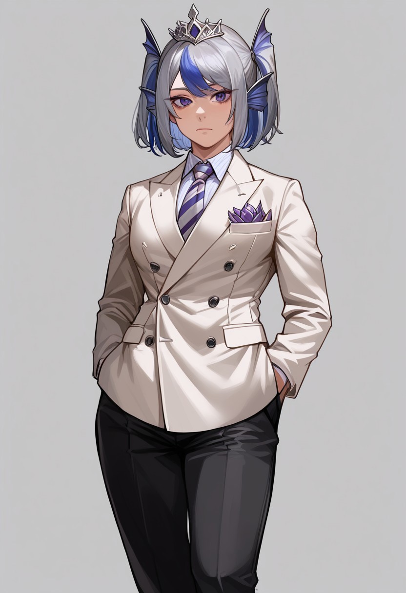 score_9, score_8_up, score_7_up, source_anime, hi res, masterpiece, best quality, highres, Metanoia_PS, 1girl, (curvy), ((wide hips)),, thick thighs, cute, , sexy, medium breasts, scheiren, grey hair, two side up, streaked blue hair, purple eyes, ear fins, tiara, head fins, double-breasted suits, 1boy, male focus, solo, necktie, formal, suit, grey background, looking at viewer, hands in pockets, pants, jacket, black hair, simple background, realistic, shirt, black pants, black eyes, standing, striped, collared shirt, white shirt, striped necktie, buttons, closed mouth, cowboy shot, short hair