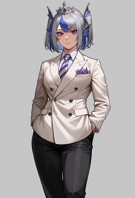 score_9, score_8_up, score_7_up, source_anime, hi res, masterpiece, best quality, highres, Metanoia_PS, 1girl, (curvy), ((wide hips)),, thick thighs, cute, , sexy, medium breasts, scheiren, grey hair, two side up, streaked blue hair, purple eyes, ear fins, tiara, head fins, double-breasted suits, 1boy, male focus, solo, necktie, formal, suit, grey background, looking at viewer, hands in pockets, pants, jacket, black hair, simple background, realistic, shirt, black pants, black eyes, standing, striped, collared shirt, white shirt, striped necktie, buttons, closed mouth, cowboy shot, short hair