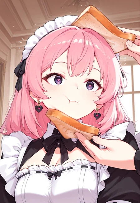 absurdres, masterpiece, 1girl, anime girl, solo, BREAK, CivChan, purple eyes, pink hair, BREAK, heart earrings, BREAK, maid, BREAK, idiotsandwichalt, 1girl,1other, solo focus, holding food, bread slice, pov hands, upper body,