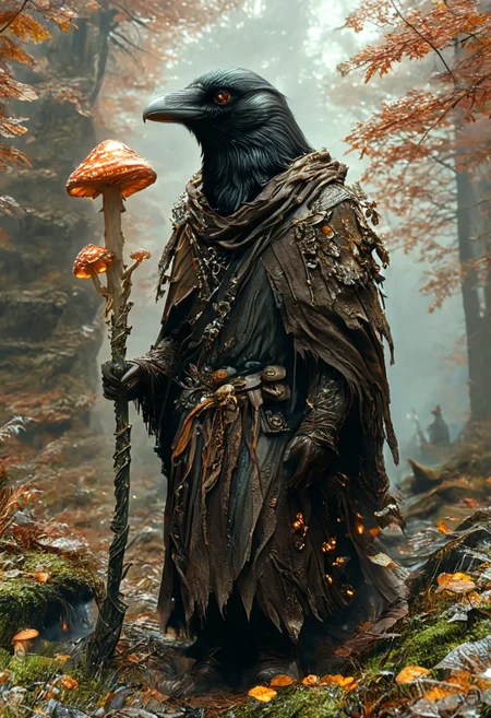 (masterpiece,best quality,ultra_detailed,highres,absurdres:1.2), DnD_Grainyboyz, rotated camera angle style,hknature,
BREAK
highly detailed photo of single black corvidfolk running through forest, (holding 
glowing magic staff covered with shrooms:1.2),  (fast running:1.3), motion blur, wearing brown robe, ((from side:1.35)),
BREAK
moody forest,
detailed background, (ancient dence forest:1.2), rocks, fog, (dramatic light:1.25)
<lora:neg4all_bdsqlsz_xl_V9:2><lora:dynposes3870:1>