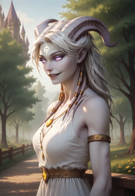 (absurdres, best quality, masterpiece:1.4), score_9, score_8_up, score_7_up, score_6_up, detailed, detailed body, detailed face,
(culDraenei, female, purple eyes, no sclera, no pupils, athletic, tall, slim, pale skin, grey skin, long ears),
(long white dress),
soft smile, upper body, side view, looking to viewer,
hilly background, lakeside, trees, hedges, path