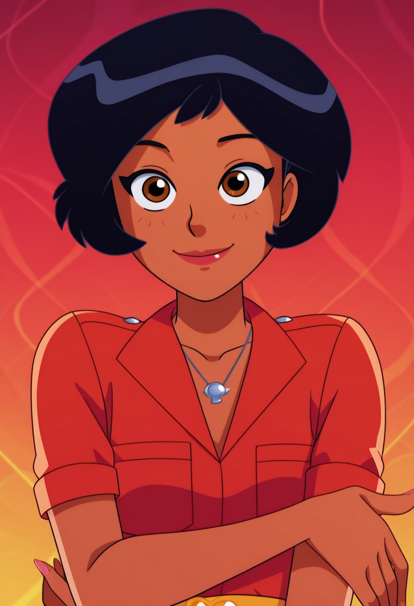 masterpiece, best quality, good quality, 1girl, solo, cartoon, totally_spies_2k24, alex, black hair, brown eyes, dark-skinned female, breast pocket, necklace, red clothes, yellow b3lt, sexy, medium breasts, beautiful, detailed, high detailed, very beautiful, detailed face, detailed eyes, detailed hand, fingernails, abstract background, neon, smile, posing, pose, looking at viewer, face focus