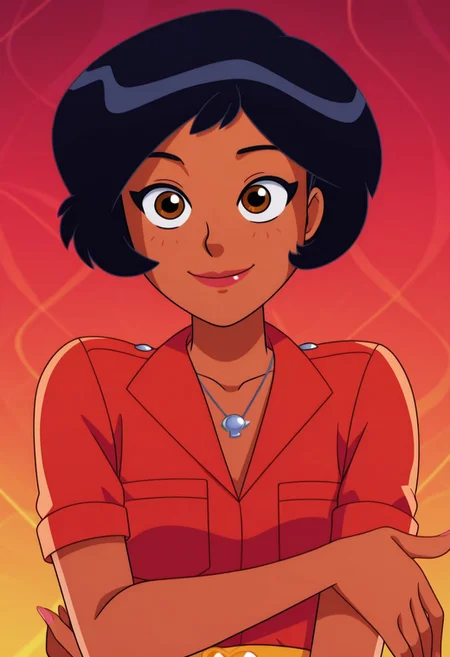masterpiece, best quality, good quality, 1girl, solo, cartoon, totally_spies_2k24, alex, black hair, brown eyes, dark-skinned female, breast pocket, necklace, red clothes, yellow b3lt, sexy, medium breasts, beautiful, detailed, high detailed, very beautiful, detailed face, detailed eyes, detailed hand, fingernails, abstract background, neon, smile, posing, pose, looking at viewer, face focus