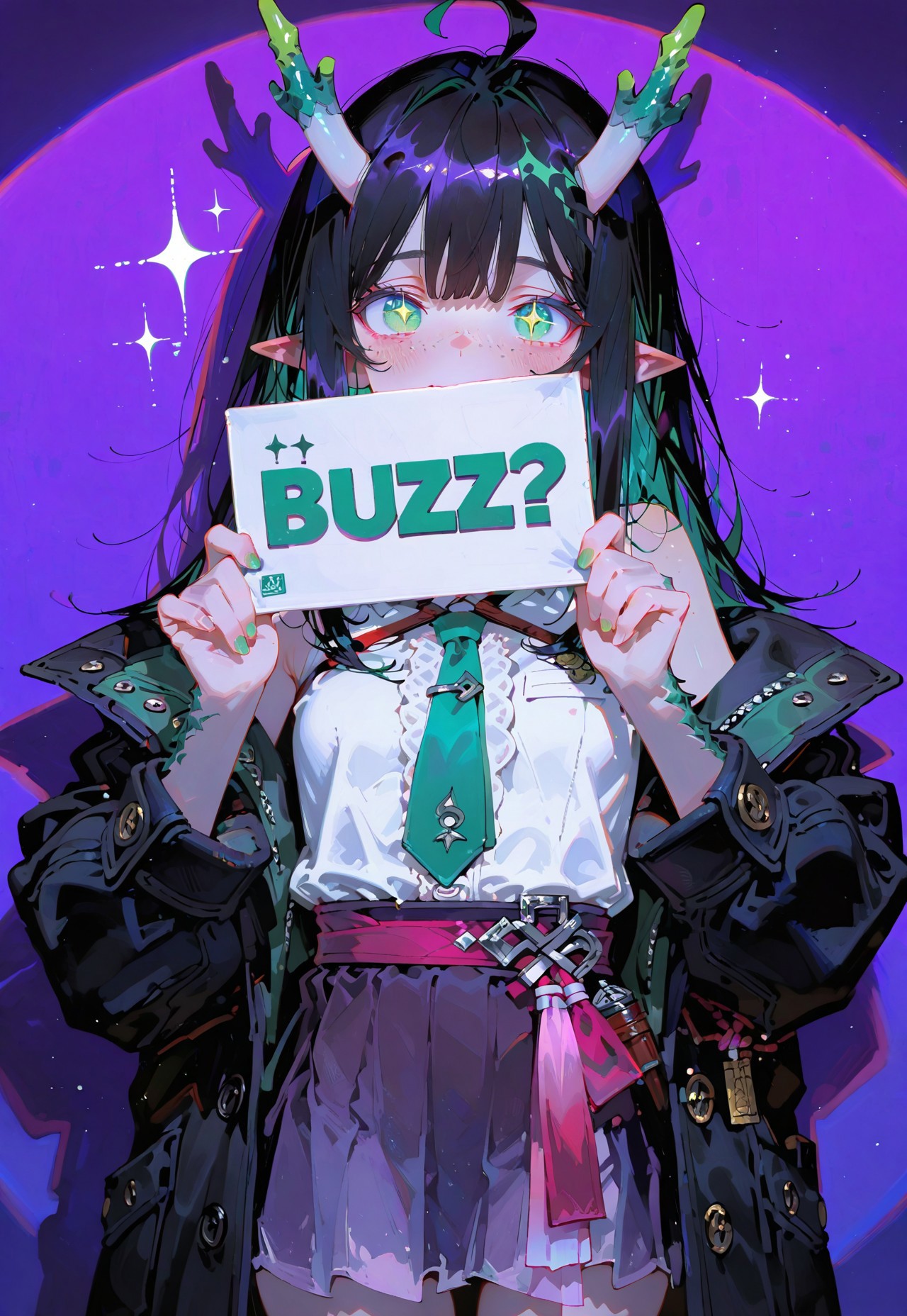 looking at viewer,bust shot

Shy,blush,((holding sign "Buzz?")),double z

1 girl,petite,loose unruly messy hair,messy bangs,black hair,green accents hair,fair skin,dragon horns,green eyes, sparkling eyes,freckles,ahoge,pointy ear

Large Black coat with green accent,coat hanging sleeves,white sleeveless buttoned shirt tucked in,green tie, exposed shoulder,dark purple skirt

Color background, bright purple background,(shadow:1.2), light from front,glimmer, [scales design], sparkling,(analgylph:1.5),(spotlight:1.2),(purple hue:0.8),

Cunnystyle,748cmstyle,Smooth_Quality,masterpiece,best quality,amazing quality, aesthetic,(vibrant colors:1.7),(bold lines:1.3),(saturated:1.6)