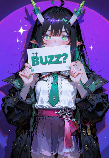 looking at viewer,bust shot

Shy,blush,((holding sign "Buzz?")),double z

1 girl,petite,loose unruly messy hair,messy bangs,black hair,green accents hair,fair skin,dragon horns,green eyes, sparkling eyes,freckles,ahoge,pointy ear

Large Black coat with green accent,coat hanging sleeves,white sleeveless buttoned shirt tucked in,green tie, exposed shoulder,dark purple skirt

Color background, bright purple background,(shadow:1.2), light from front,glimmer, [scales design], sparkling,(analgylph:1.5),(spotlight:1.2),(purple hue:0.8),

Cunnystyle,748cmstyle,Smooth_Quality,masterpiece,best quality,amazing quality, aesthetic,(vibrant colors:1.7),(bold lines:1.3),(saturated:1.6)
