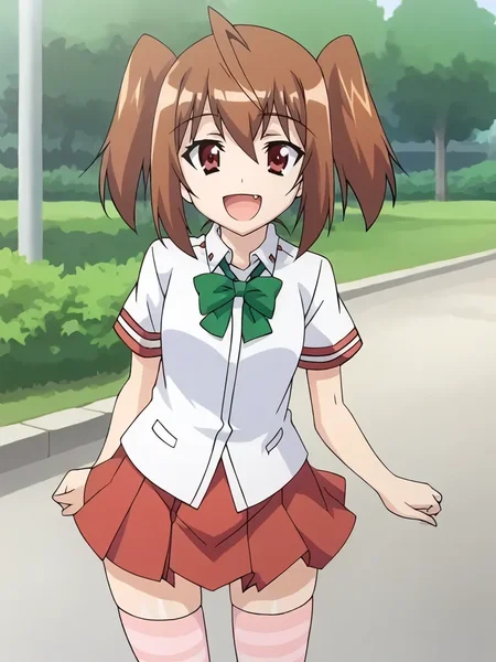 <lora:okinopony:1>,
1girl, solo, rinkaokino brown hair, brown eyes, short hair, twintails, white shirt, short sleeves, green bowtie, red skirt, school uniform, pink thighhighs, striped thighhighs, standing, outdoors, open mouth, fang, smile
