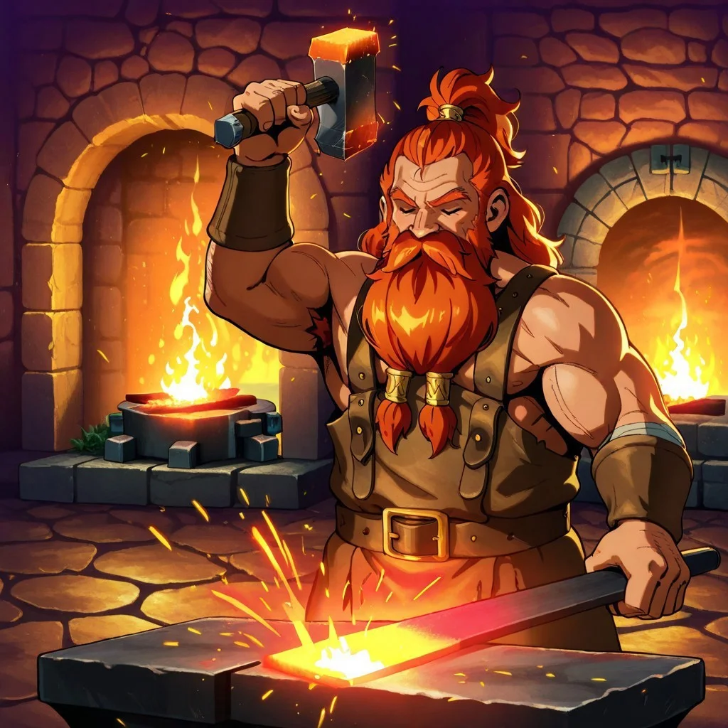 masterpiece, best quality, newest, absurdres, highres, anime, anime style, Smithing-IL.V1.1, hammer, holding, holding hammer, holding weapon, weapon, 1boy, dwarf, short posture, forge, fire, sparks,