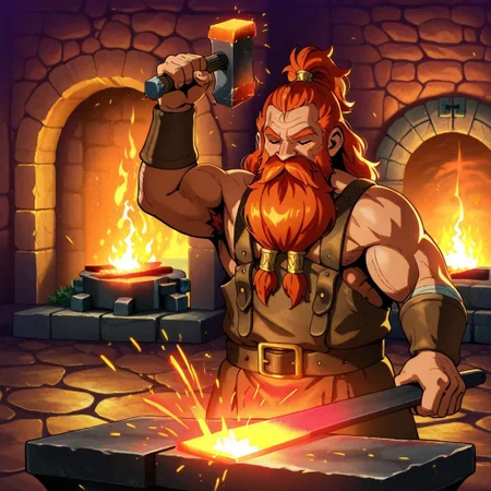 masterpiece, best quality, newest, absurdres, highres, anime, anime style, Smithing-IL.V1.1, hammer, holding, holding hammer, holding weapon, weapon, 1boy, dwarf, short posture, forge, fire, sparks,
