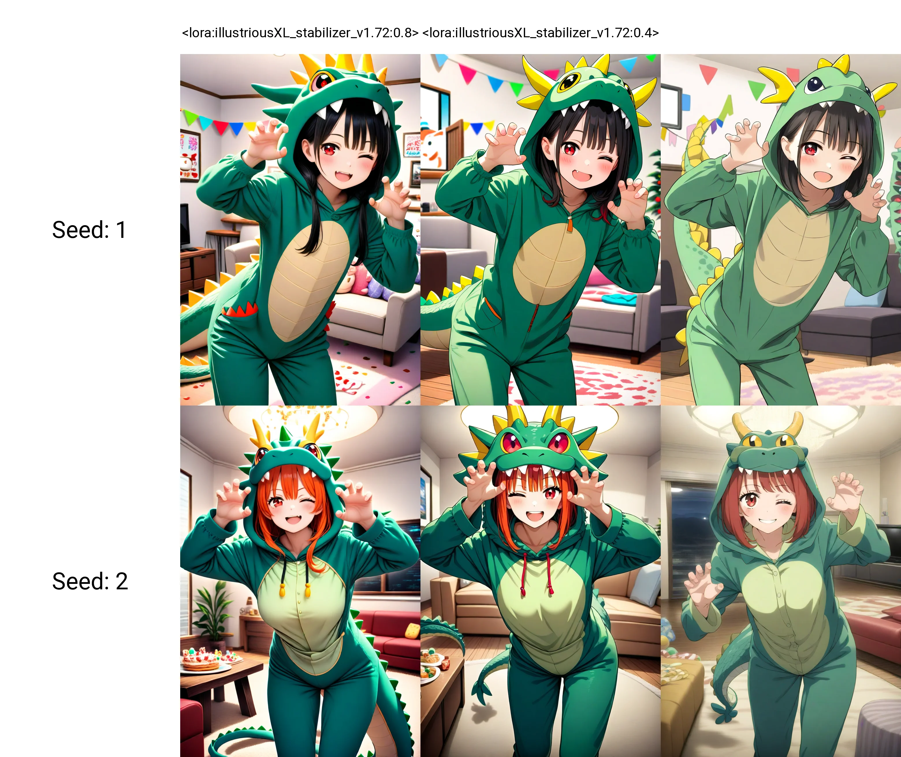 <lora:illustriousXL_stabilizer_v1.72:0.8>1girl,red eyes,smile,one eye closed,cowboy shot,claw pose,leaning forward,green pajamas,dragon cosplay costume,party,living room,masterpiece,