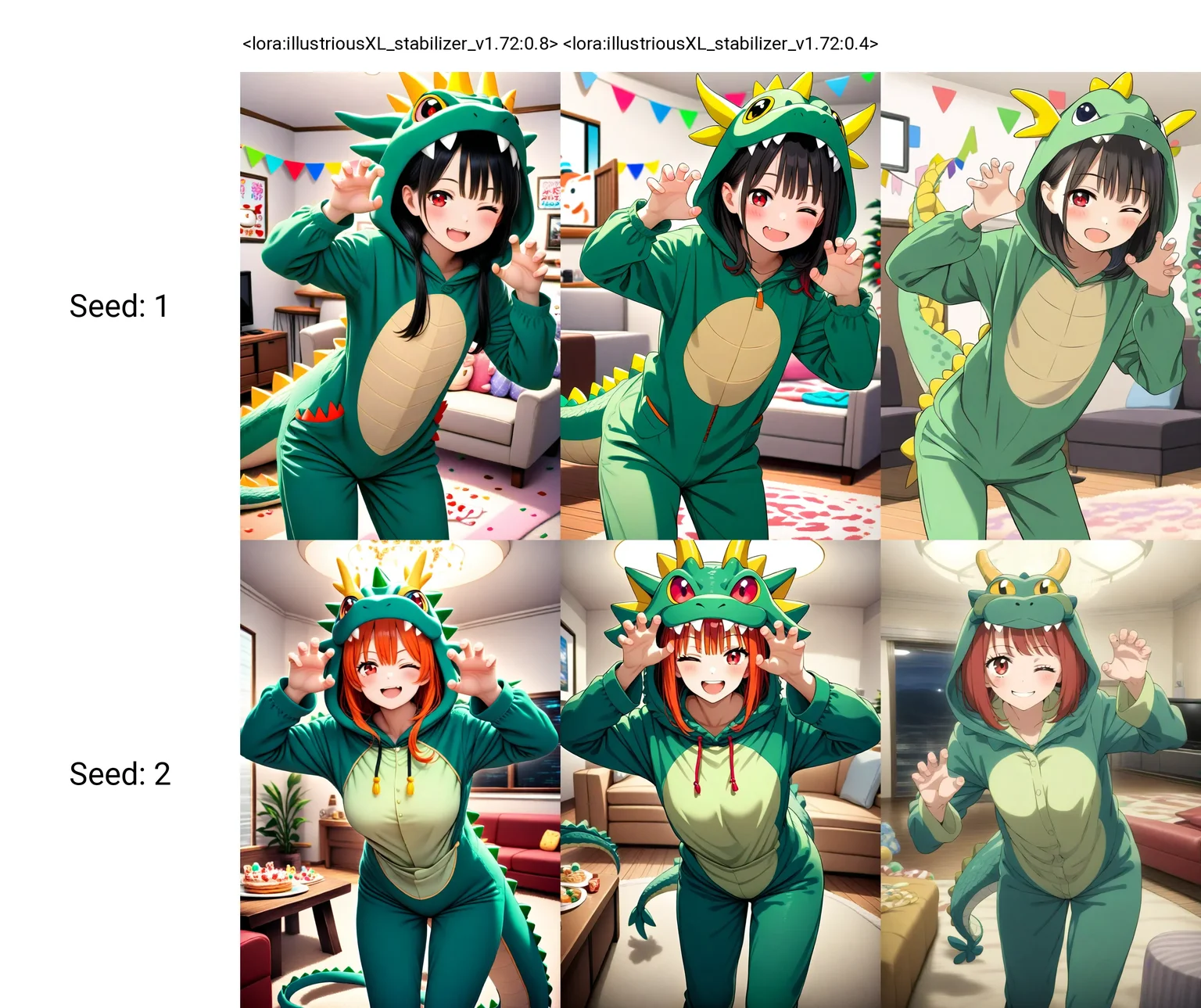 <lora:illustriousXL_stabilizer_v1.72:0.8>1girl,red eyes,smile,one eye closed,cowboy shot,claw pose,leaning forward,green pajamas,dragon cosplay costume,party,living room,masterpiece,
