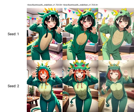 <lora:illustriousXL_stabilizer_v1.72:0.8>1girl,red eyes,smile,one eye closed,cowboy shot,claw pose,leaning forward,green pajamas,dragon cosplay costume,party,living room,masterpiece,