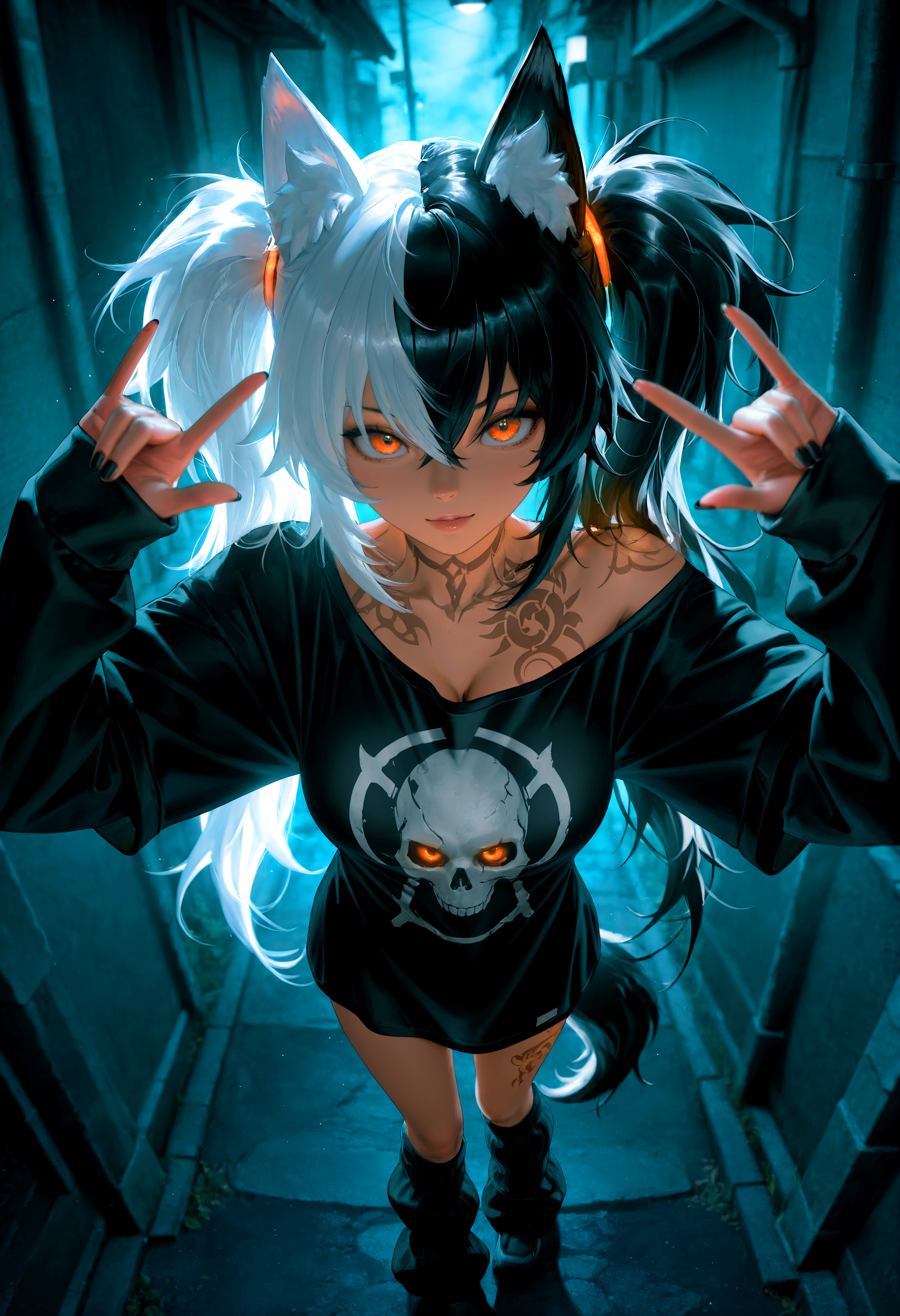 HDR, 8K, high contrast, masterpiece, best quality, amazing quality, very aesthetic, superabsurd res, high resolution, ultra-detailed, absurdres, newest, scenery, (horikoshi kouhei:0.3), (quasarcake:0.3), (wlop:0.3), light rays, chiaroscuro, dynamic angle, from above, hand focus, fisheye, portrait, close up, 1girl, air_kyuu, animal ears, animal ear fluff, orange eyes, twintails, big hair, black hair, white hair, multicolored hair, two-tone hair, split-color hair, hair between eyes, medium breasts, tattoo, bedroom eyes, double \n/, fingernails, black fingernail polish, perfect hands, t-shirt, oversided shirt, (oversized clothes:1.3), baggy t-shirt, skull print shirt, loose socks, leg warmers ,wearing edgGrunge_clothing, (colorful), dark alley, fog, night, dark, cyberpunk, godrays, Intricately designed, Mysterious, BREAK, photorealistic, beautiful detailed eyes, detailed skin, detailed hair, volumetric lighting, dappled light, light particles, dramatic shadows, cinematic lighting, photo background, depth of field, <lora:ponyxl\cfg_scale_boost:0.8> <lora:IL\KMS_AIR_Kyuu_IL-000009:0.7> <lora:IL\edgGrungeFreestyleILS:0.8>
