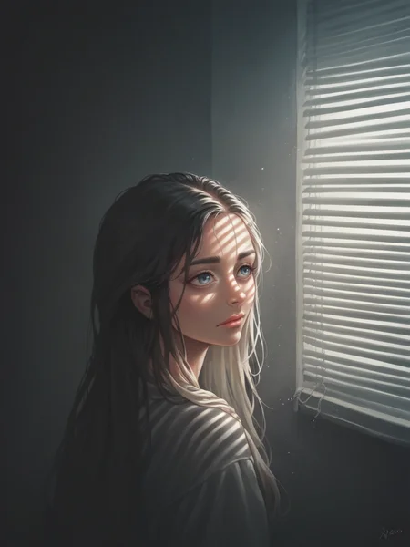 score_9, score_8_up, score_7_up, score_6_up, score_5_up, score_4_up, <lora:V3n3t14nXLP2:1> v3n3t14n, venetian blinds lighting, low light, dark room, lined lighting, long hair, 1girl, light particles, <lora:J0yc3L33XLP:0.7> j0yc3l33, closed mouth,