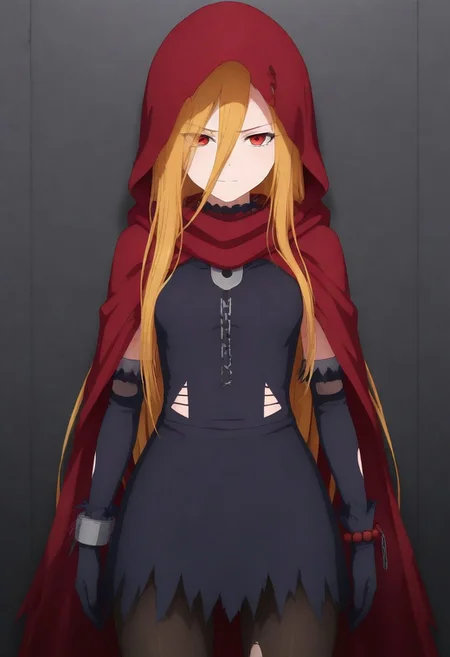 masterpiece, best quality, amazing quality,,, shiny skin,,,,,, <lora:Evileye:1> N4rb3r4lG4mm4, red eyes, blonde hair, very long hair, hair between eyes, torn clothes, hood, pantyhose, black dress, gloves, chain, hooded cloak, shackles,