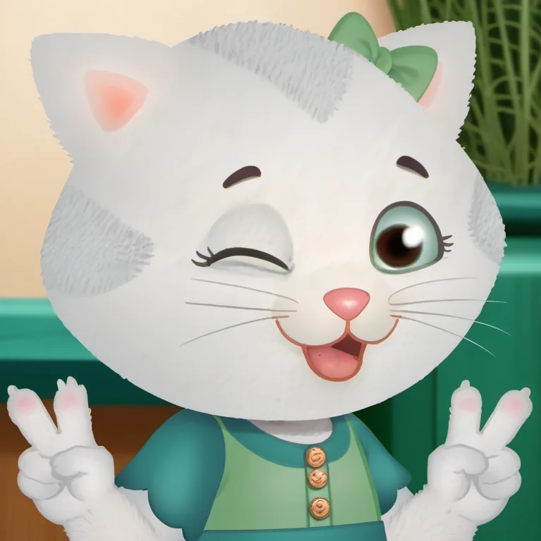 1girl, solo, kkdtn1, (green eyes), head tilt, double v, v, open smile, :3, wink, winking, whiskers, tongue out, hair bow, green dress, short sleeves, dress, green bow, cat ears, cat, animal ears, furry, dynamic pose, furry female, upper body, looking at viewer, short, <lora:kkdtn1:1>,