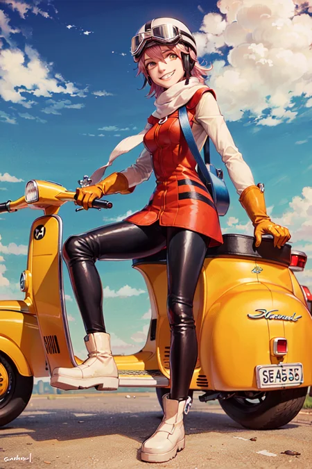 (masterpiece, best quality:1.2), haruko, flcl, 1girl, solo, grin, (blue bass guitar on back:1.1) pink hair, short hair, yellow eyes, red dress, helmet, white long sleeves, (yellow gloves:1.1), black pants, white boots, white scarf, (goggles on head:1.1), (ground vehicle, motor vehicle, yellow vespa:1.1) <lora:HARUKO-15:0.7>