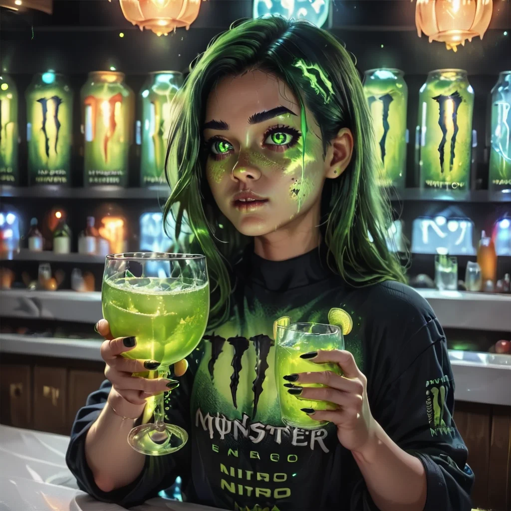 score_9, score_8_up, score_7_up, score_6_up, score_5_up, score_4_up, <lora:MonsterNitroPony:0.8>,NitroEnergy,solo,holding,cup,1girl,glowing,drinking glass,glass,1girl,drinking