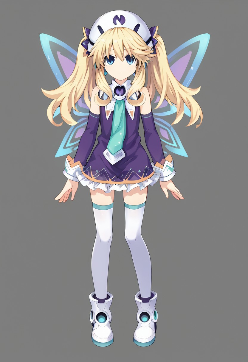 Histoire \(neptunia)\, blonde hair, blue eyes, long hair, twintails,, short dress, hat, necktie, thighhighs, white legwear, fairy wings, footwear, boots, detached sleeves,, short,   standing,   score_9, score_8_up, score_7_up, ,source_anime, best quality, masterpiece,   , full body view ,  1girl , solo , girl focus ,