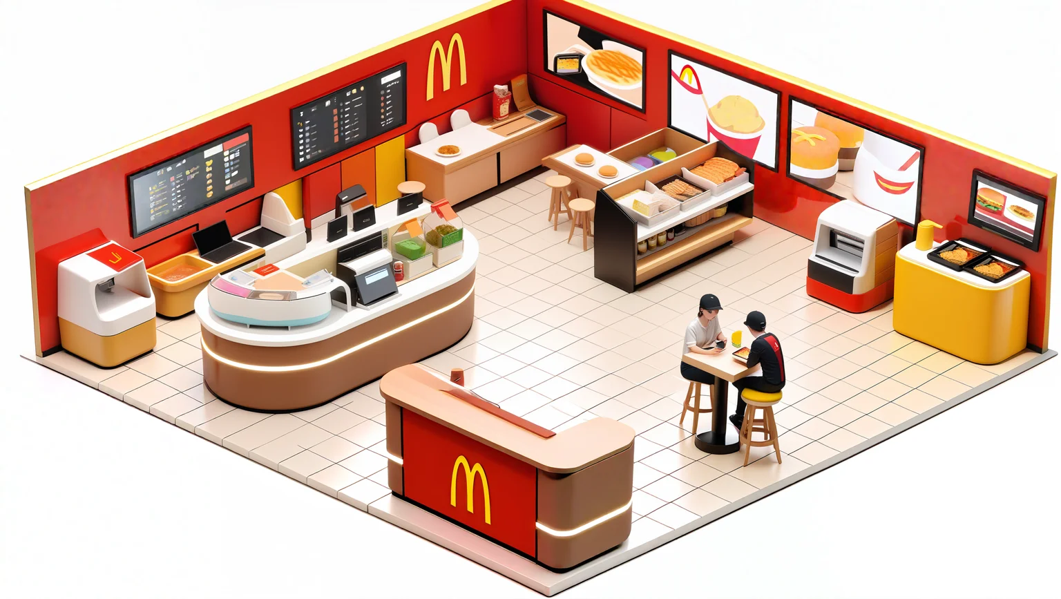 masterpiece,best quality,<lora:gamebg:0.5>,3d,white background,girl,boy,
room-style,durable tile flooring,bright colors,red and yellow,modern wall design,McDonald's logo,food images,warm LED lighting,ordering counters,digital menu displays,open kitchen area,McDonald's uniform,hats,aprons,smiling employees,self-service kiosks,comfortable padded chairs,wooden tables,high stools,bar seating,enjoying food,chatting,using phones,laptops,children's play area,safe toys,slides,happy children,beverage station,condiment station,napkins,modern restrooms,automatic sensor faucets,hand dryers,