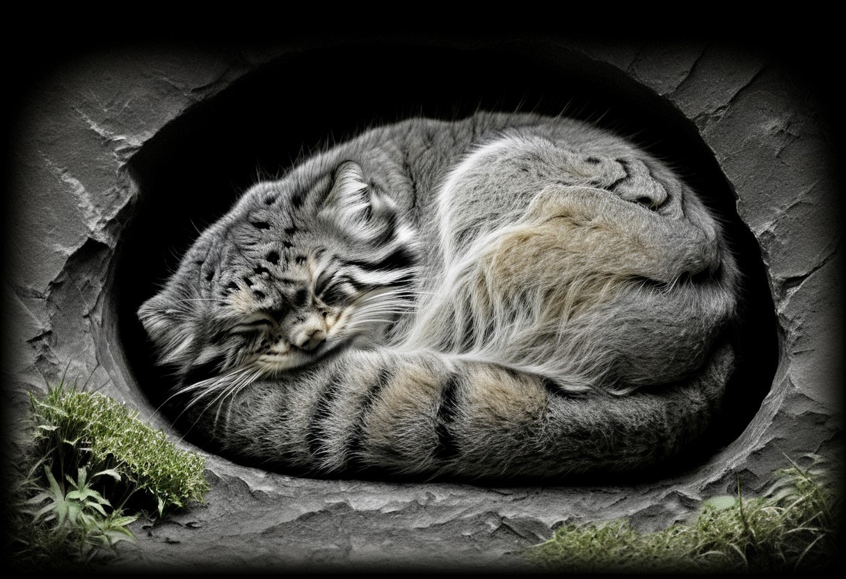 closeup of a sleeping manul curled up in a hole, Otocolobus manul, curled up, mossy rocks, moss, shrubbery, black background, black and white, sepia, Jed-Pen