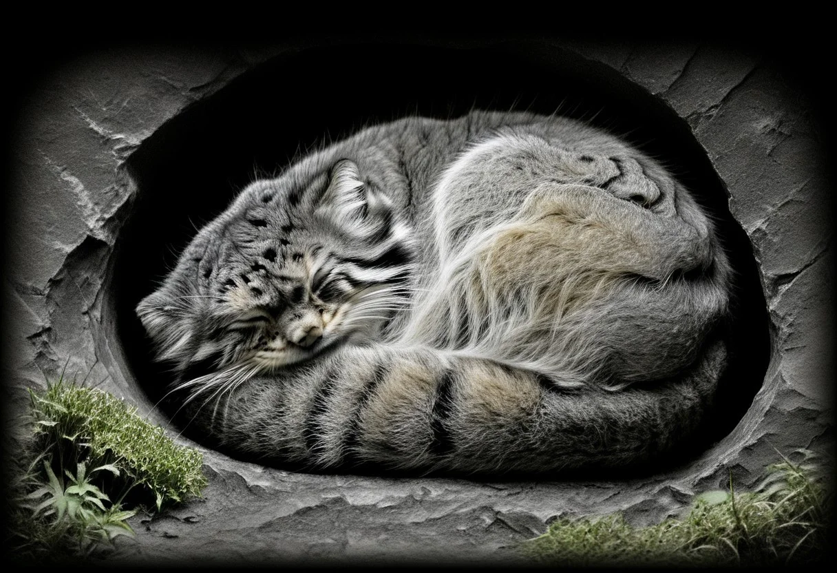 closeup of a sleeping manul curled up in a hole, Otocolobus manul, curled up, mossy rocks, moss, shrubbery, black background, black and white, sepia, Jed-Pen