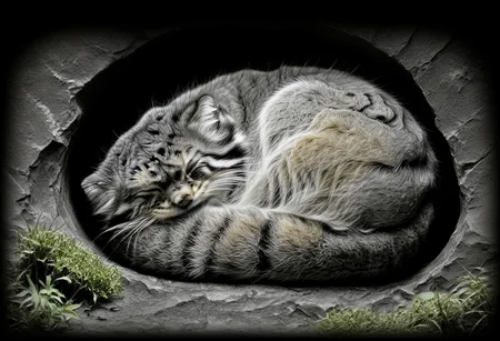closeup of a sleeping manul curled up in a hole, Otocolobus manul, curled up, mossy rocks, moss, shrubbery, black background, black and white, sepia, Jed-Pen