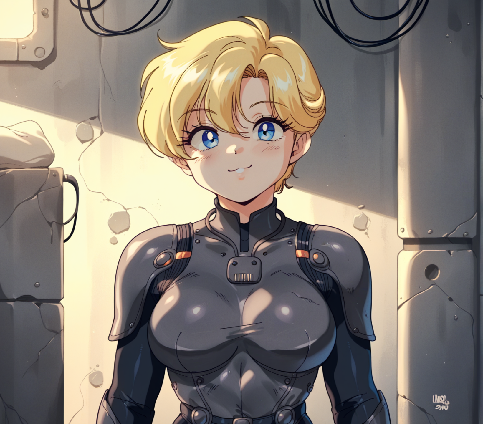 score_9, score_8_up, score_7_up, score_6_up, (source_anime:1.2), vum, chinese stealth suit, (1girl, solo:1.2), armor, bodysuit, science fiction, skin tight, standing (fully clothed, full armor:1.2), stealth, stealth suit, detailed background, inside, concrete, front view, sneaking, sneaking suit, looking at viewer, blue eyes, blonde hair, smile, portrait, bust portrait, close-up, 
 <lora:chinese-stealth-suit_pdxl_:0.8>