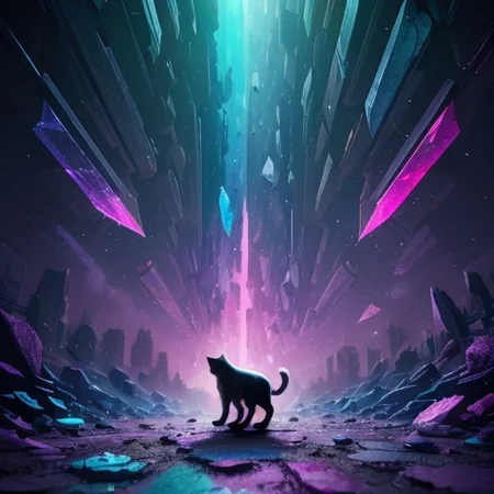 a cat whose omnipotent powers sits in a cyberpunk street, collide.highest quality, enhanced quality, creative, beautiful, vibrant, masterpiece, 8k, amazing details, amazing quality, amazing artist, sharp edges, detailed textures, full view, atmospheric lighting, amazing visuals, crystals fantasy, crystals, crystal, bg_imgs, cyberpunk, neon lights, science fiction, view from above,