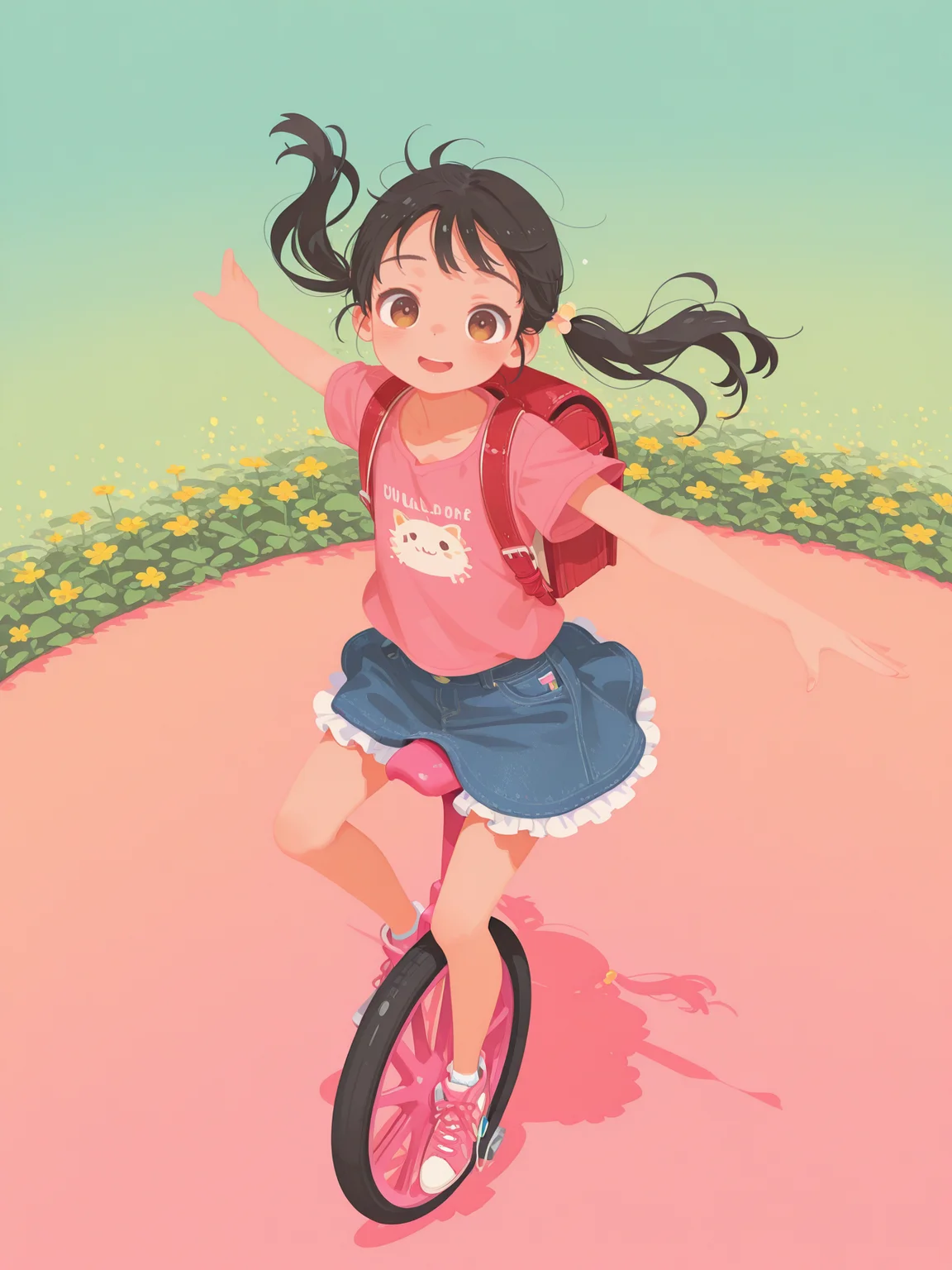 masterpiece,best quality,amazing quality,depth of field,from above,
fullbody,:o,worried, smile,yellow flower, colorful background,
looking at viewer, 1girl,solo,flat chest, (black hair),long hair,brown eyes,pink t-shirt, denim skirt,frilled skirt, sneakers, red randoseru,
<lora:unicycle_Illust_v1:0.9>unicycle,horizontal_arms,t-pose,riding ,floating hair,wind ,balancing,pedal,
<lora:haiz_ai_illu:1>haiz_ai,no lineart,no outline,flat color,pastel colors, <lora:illustrious_flat_color_v2:1>