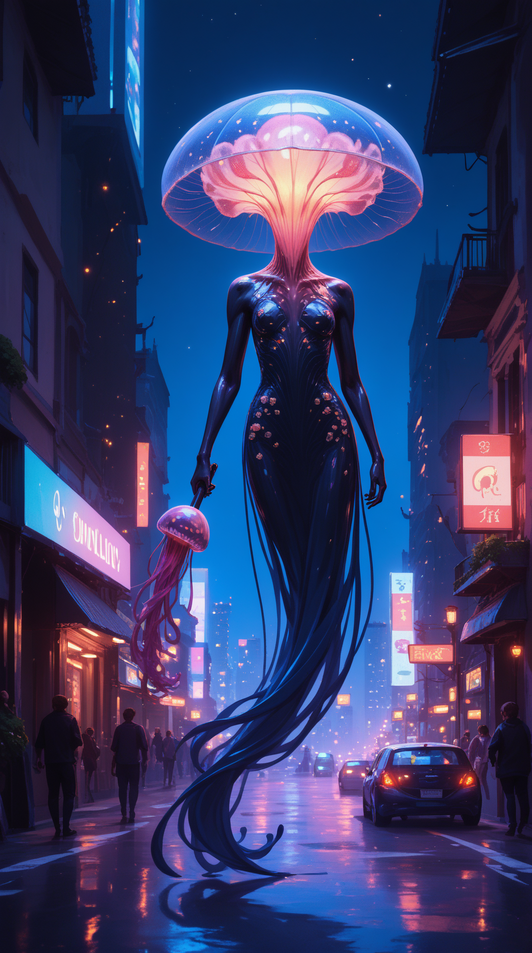 score_9, score_8_up, score_7_up, score_6_up, <lora:JellyfishHybridPDXL:1>Antique_rose jellyfishhybrid, a hybrid between a jellyfish and a human, Lunar Sentinel, 1girl, full body, Holding an Object, no legs, no face, in location in a gondola gliding through the canals, surrounded by shimmering city lights, best quality, masterpiece quality