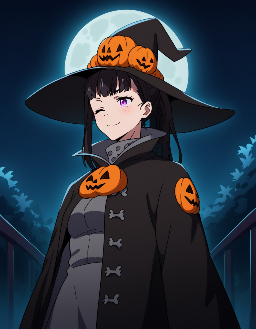 score_9, score_8_up, score_7_up, source_anime, <lora:maki-oze-s1s2-ponyxl-lora-nochekaiser:1>, maki oze, long hair, bangs, black hair, purple eyes, ponytail, medium breasts,, <lora:witch-ponyxl-lora-nochekaiser:1>, witch, hat, witch hat, dress, halloween, halloween costume, jewelry,, night, moon, blush, smile, one eye closed,, , dutch angle, cowboy shot