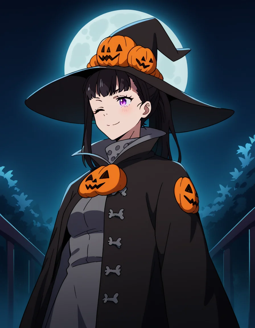 score_9, score_8_up, score_7_up, source_anime, <lora:maki-oze-s1s2-ponyxl-lora-nochekaiser:1>, maki oze, long hair, bangs, black hair, purple eyes, ponytail, medium breasts,, <lora:witch-ponyxl-lora-nochekaiser:1>, witch, hat, witch hat, dress, halloween, halloween costume, jewelry,, night, moon, blush, smile, one eye closed,, , dutch angle, cowboy shot