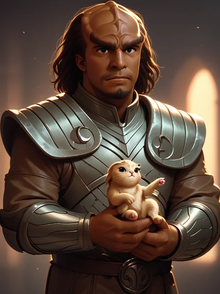 holding a cute kitten <lora:Klingon_v2_pony:1> score_9,score_8_up,score_7_up,score_6_up,score_5_up,score_4_up , 1man, kling0n alien, large forehead ridges, brown skin, large eyebrows, wearing warrior armor,