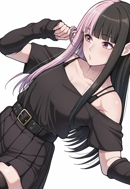 Smooth Quality,masterpiece,very intricate, high quality details, ultra realistic, high detailed skin,detailed enviorement,absurdres,
simple background, white background, dancing,skindentation, solo,sideways,twirling hair,
<lora:DangerousBitch_Femboy_CNR:0.8> dangerousfemb_cnr, 1girl,pink hair,split-color hair, black hair, long hair, blunt bangs, pink eyes, off-shoulder shirt, short sleeves, shirt tucked in,pleated skirt, belt, thighhighs, arm warmers,bra strap, in heat,, o3o,