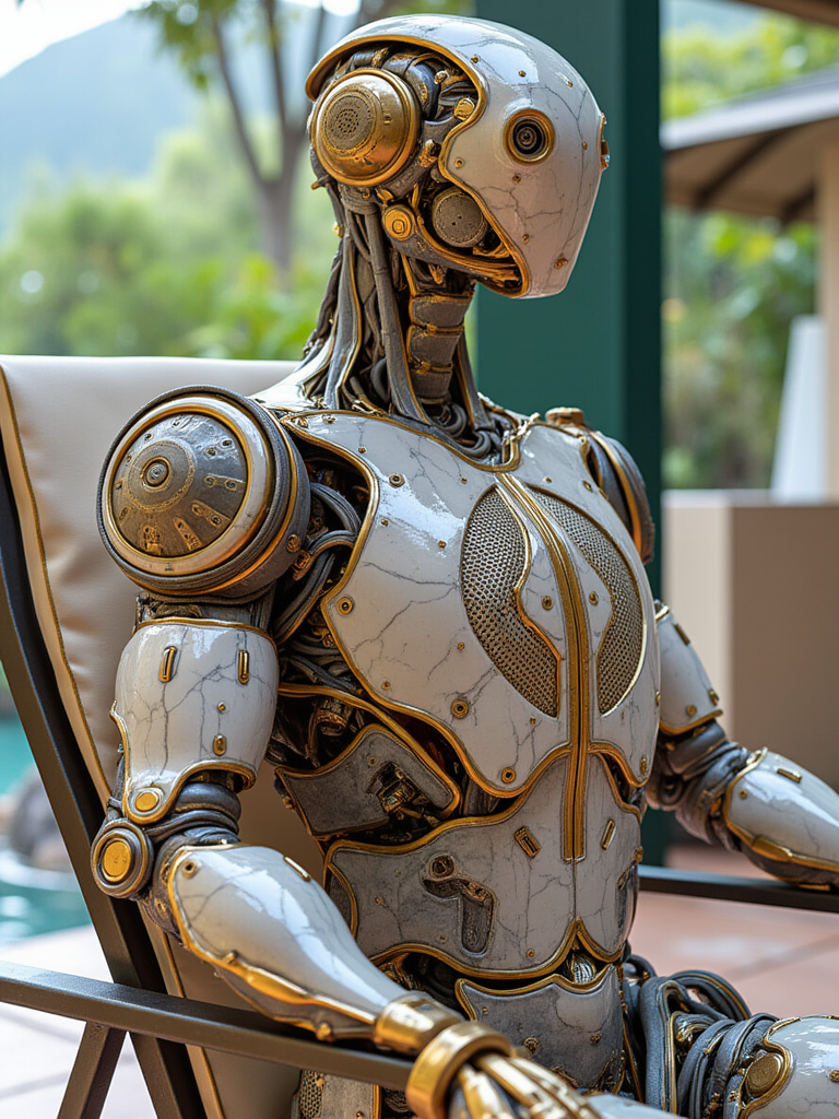 w1z_m4ch1n4. Ceramic tiles cyborg robot, with built-in perforated circuit shield, flywheel, braided wiring. Detailed, intricate wiring and flexible tubes, and visible electronical components. The setting is in a lounge chair on a patio in a futuristic Saint Kitts and Nevis
