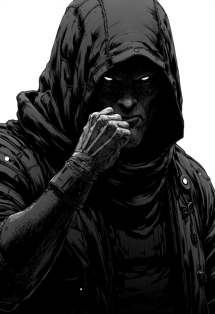 nistyle, Monochrome Manga Sketch, Upper Body Closeup: A dark, menacing feudal hooded ninja boss, standing in a fighting stance with his fist raised. His expression is intense, brows furrowed, and eyes narrowed with a cruel, calculating glint. His face is framed by a high collar that rises around his neck, casting deep shadows across his features. Fine lines create intricate detail on his scarred face, with each wrinkle and scar telling a story of countless battles. His hood partially obscures his face, leaving only the bottom half visible, but the darkness under the hood adds to his terrifying presence.
The sci-fi elements blend subtly with the traditional ninja attire—his armor is fused with sleek, high-tech plating that glimmers faintly in the shadows. Thin, glowing lines trace his armor, barely visible in the dark, offering a hint of advanced technology.
