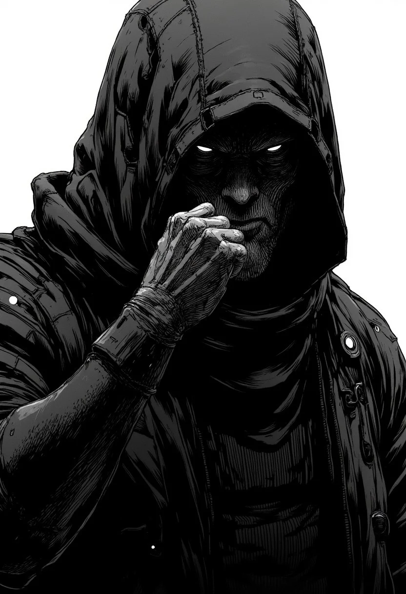 nistyle, Monochrome Manga Sketch, Upper Body Closeup: A dark, menacing feudal hooded ninja boss, standing in a fighting stance with his fist raised. His expression is intense, brows furrowed, and eyes narrowed with a cruel, calculating glint. His face is framed by a high collar that rises around his neck, casting deep shadows across his features. Fine lines create intricate detail on his scarred face, with each wrinkle and scar telling a story of countless battles. His hood partially obscures his face, leaving only the bottom half visible, but the darkness under the hood adds to his terrifying presence.
The sci-fi elements blend subtly with the traditional ninja attireāhis armor is fused with sleek, high-tech plating that glimmers faintly in the shadows. Thin, glowing lines trace his armor, barely visible in the dark, offering a hint of advanced technology.