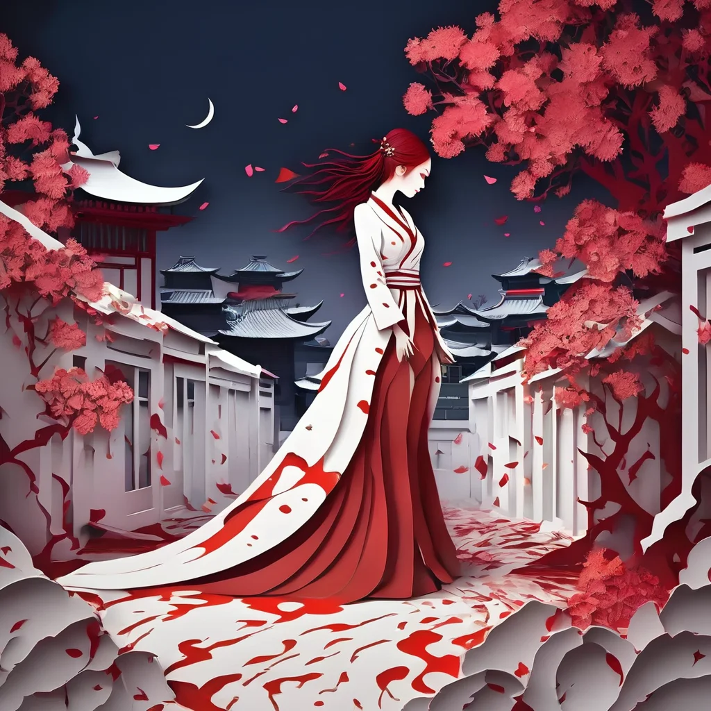 full body,Blood Mist,background_Urban rooftop,1 girl,despair,blood sakura,((masterpiece)),(((best quality))),((ultra-detailed)),((illustration)),((disheveled hair)),Blood Cherry Blossom,torn clothes,crying with eyes open,solo,Blood Rain,bandages,Gunpowder smoke,beautiful deatailed shadow,Splashing blood,dust,tyndall effect,
paper cuttings art,<lora:paper_cuttings_art:1>,
