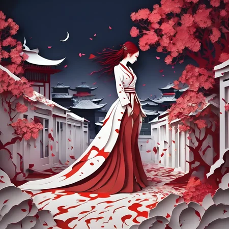 full body,Blood Mist,background_Urban rooftop,1 girl,despair,blood sakura,((masterpiece)),(((best quality))),((ultra-detailed)),((illustration)),((disheveled hair)),Blood Cherry Blossom,torn clothes,crying with eyes open,solo,Blood Rain,bandages,Gunpowder smoke,beautiful deatailed shadow,Splashing blood,dust,tyndall effect,
paper cuttings art,<lora:paper_cuttings_art:1>,