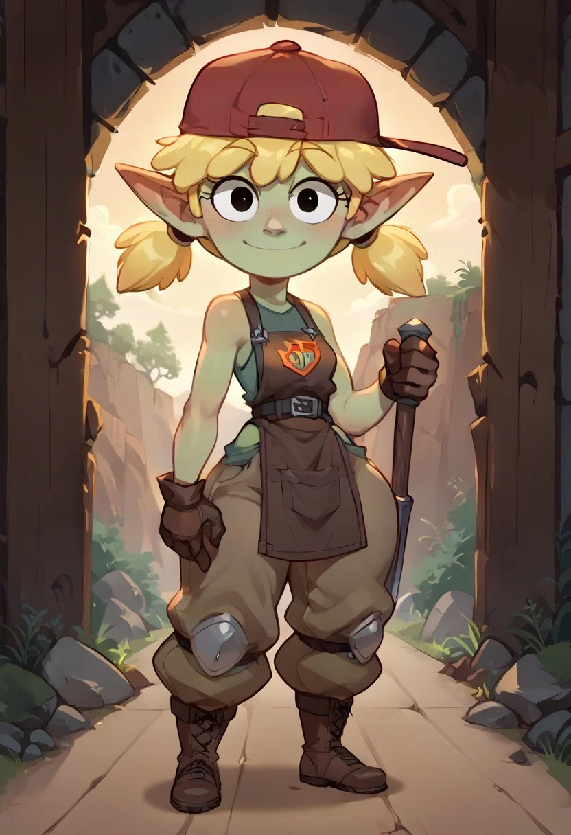 (score_9, score_8_up, score_7_up, score_6_up)
(masterpiece, best quality, very high quality, ultra detailed: 1.2)
(2D,show accurate)(Huffslove_Style:0.7)
(source_anime,not furry,source_furry)
(solo,alone)(25 yo,mature female)
(Perfect Hands,Perfect Eyes:1)
(indoors,cavern,blacksmith's forge,wood stove lit by fire,artifitial light)
(looking at viewer,smile)((holding a war hammer))
(4 fingers,short stack,goblin,green skin,long pointy ears)
(Knight Armor:1)
(fantasy mechanic)
(undershirt,blacksmith apron,bare arms and shoulders,brown gloves,leather belt,baggy pants,worker boots)
(Lana loud:1)(short hair, blonde hair,twintails, bangs, black eyes, cartoon eyes)
(red headwear, backwards hat)
(muscular arms,small breasts,small waist,wide hips,thick thighs,huge butt,thick calves,short legs)