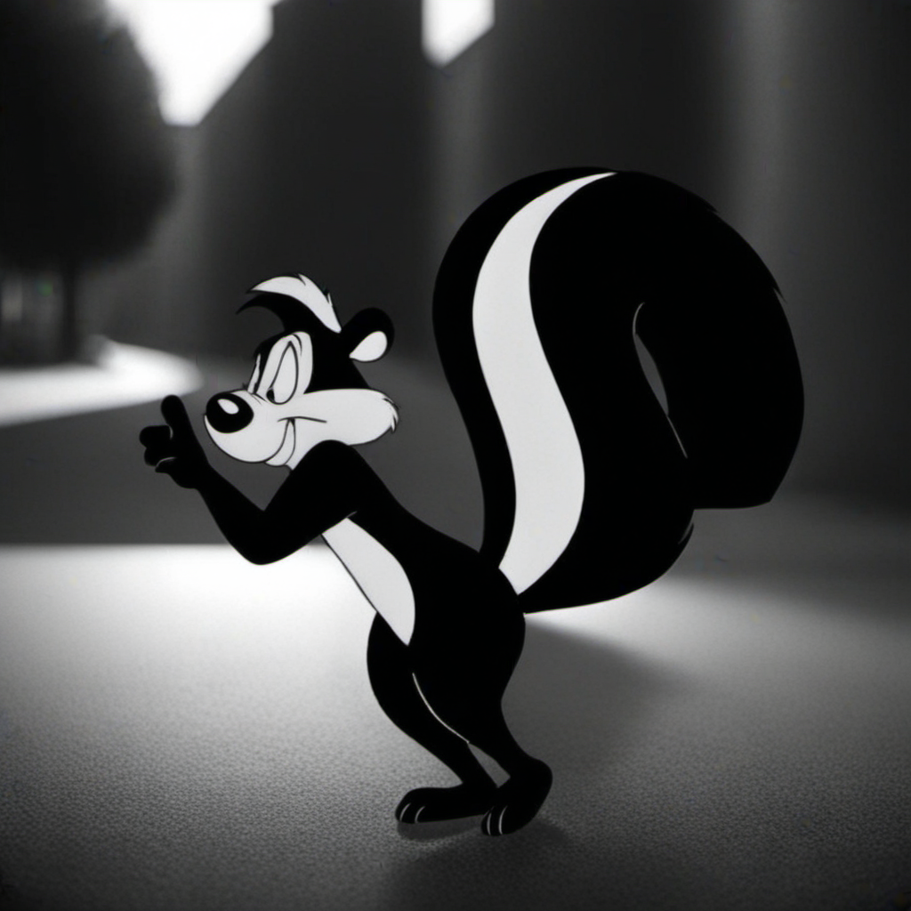 cinematic photo a cartoon character with a big furry black and white tail, walking in the street <lora:Pepe1024:0.8> . 35mm photograph, film, bokeh, professional, 4k, highly detailed