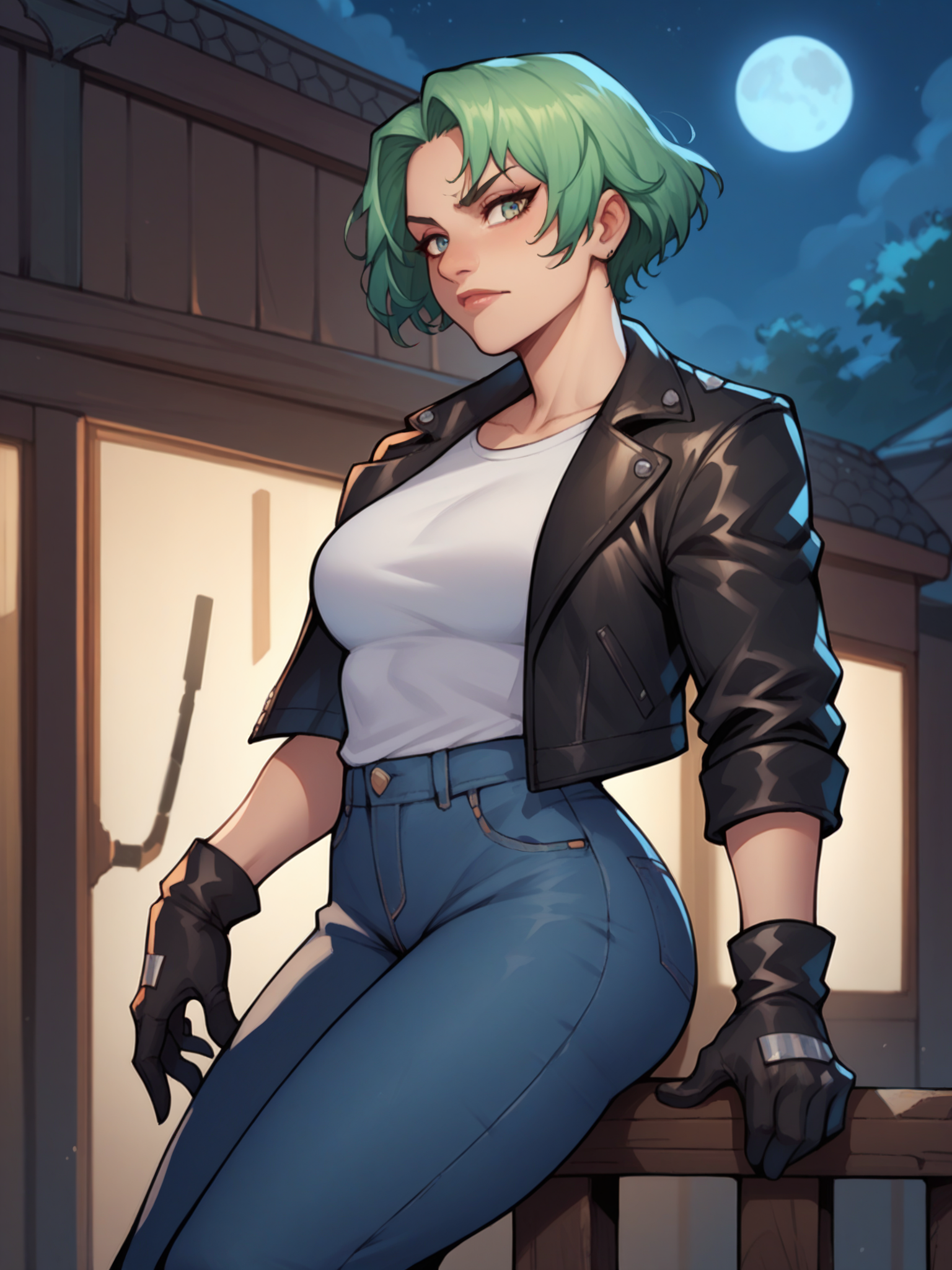 score_9, score_8_up, score_7_up, score_6_up, 1girl, green hair, short hair, leather jacket, gloves, jeans, night, (Al Rio), <lora:AL_Rio_Pony_v1.0:0.9>