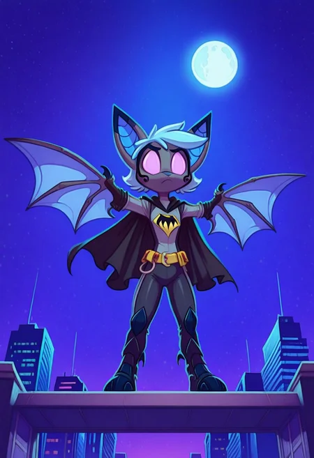 Dreamkeepers,1girl,Prelude_Vanth,solo,furry,source_furry,blue hair,wings,furry,bat wings,
kid, child,
masterpiece, high quality, highest detail, serious expression, batman costume, black cape, batman mask, night, moon, standing on top of skyscraper, bat signal in the sky,