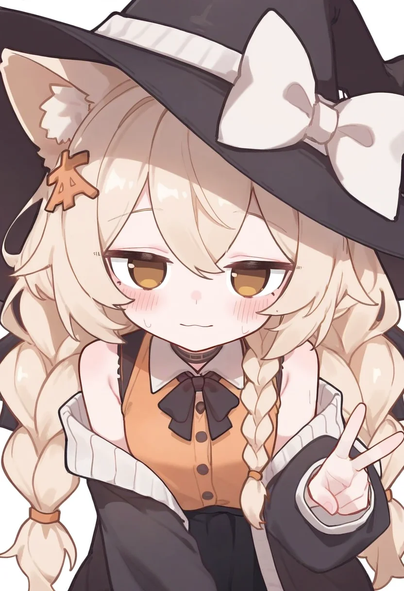 benzimofashi,1girl,braid,witch hat,blonde hair,cat ears,bow,hair ornament,off shoulder,twin braids,yellow eyes,brown eyes,orange shirt,black jacket,open jacket,bowtie,sleeves past,white ribbon on hat,white bow,
(v:1),
newest,absurdres,highres,masterpiece,best quality,year 2024,
<lora:benzimofashi_Noob10:1>,
